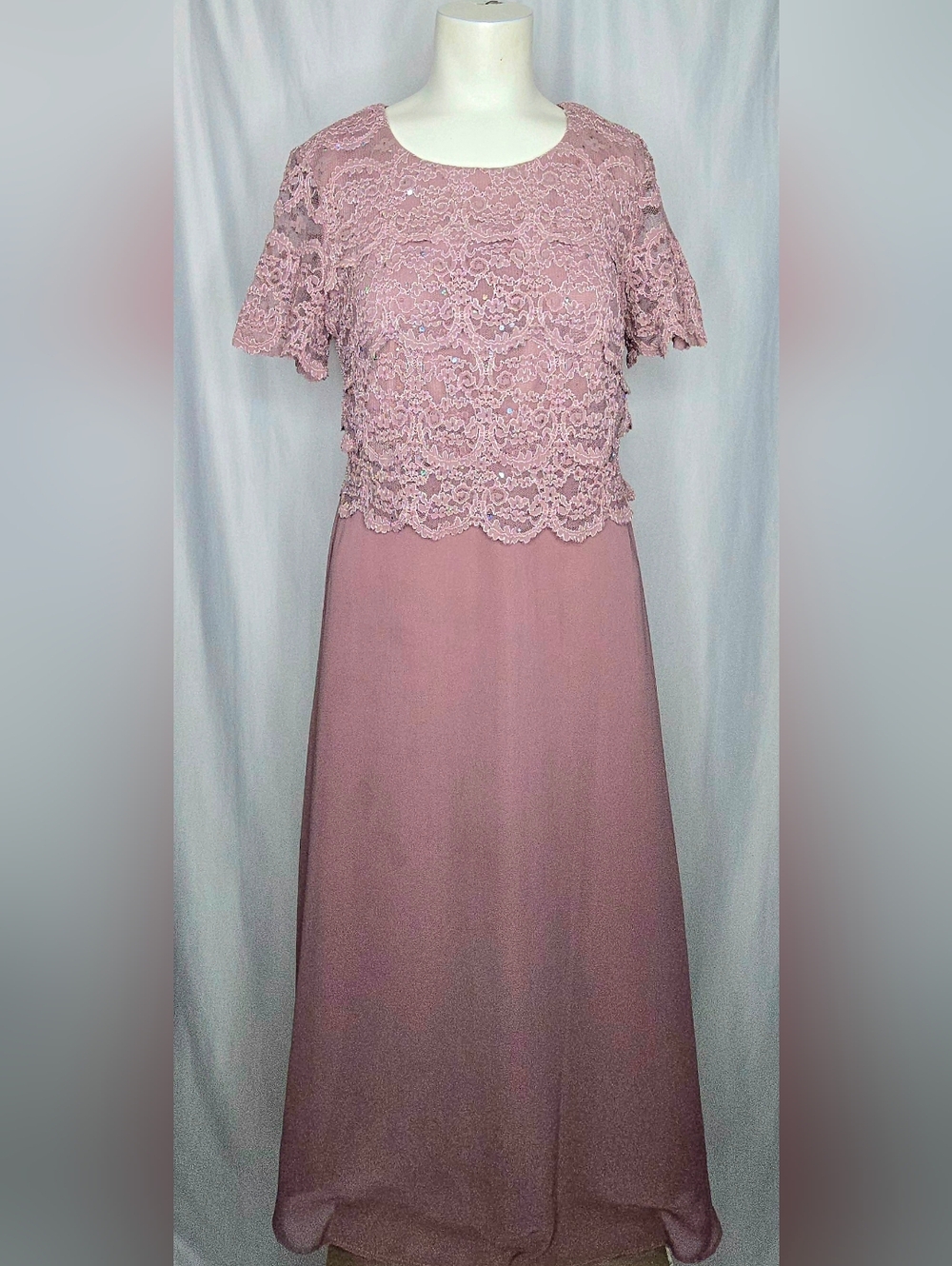 R & M Richards Dusty Rose Lace Bodice Evening Dress